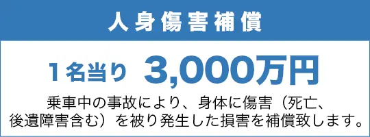 人身傷害補償／1名当り3,000万円／乗車中の事故により、身体に障害（死亡、後遺障害含む）を被り発生した損害を補償致します。